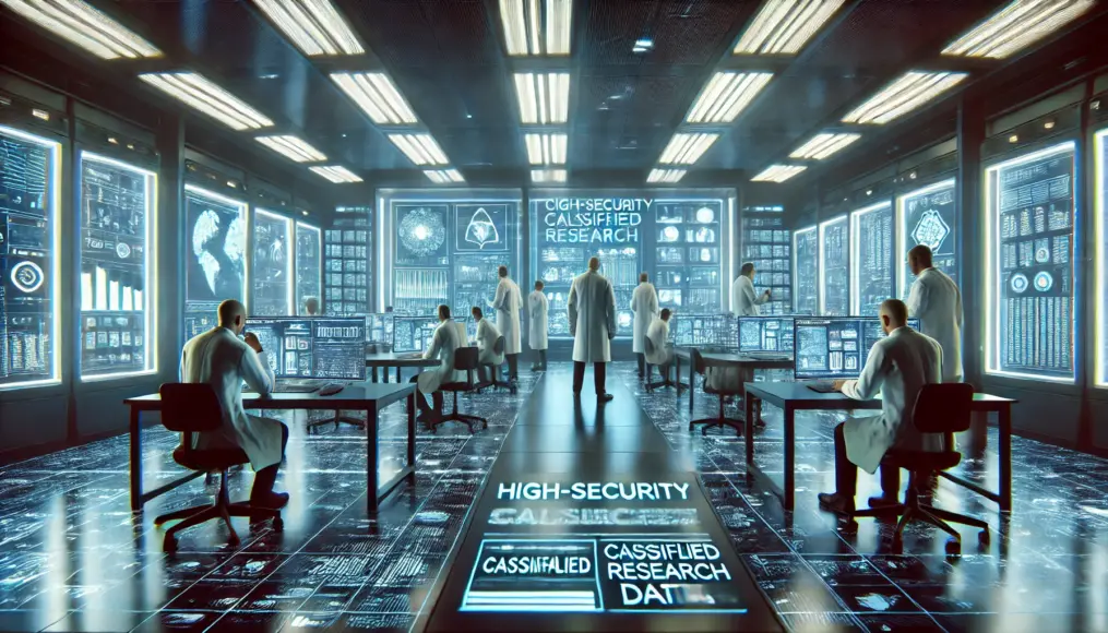 Scientists analyzing classified research data in a secure facility