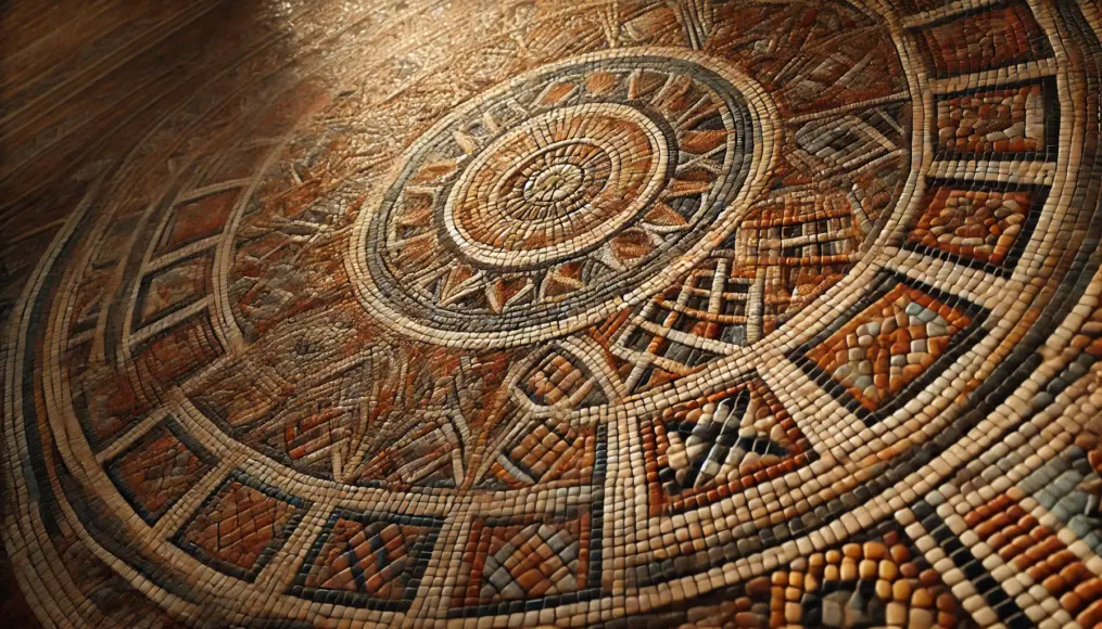 Close-up of the mosaic depicting symbols associated with the Roman Empire