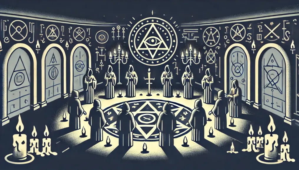 A secret society gathered in a dimly lit chamber. Hooded figures encircle a mystical symbol, performing a ritual centered around the sacred sword