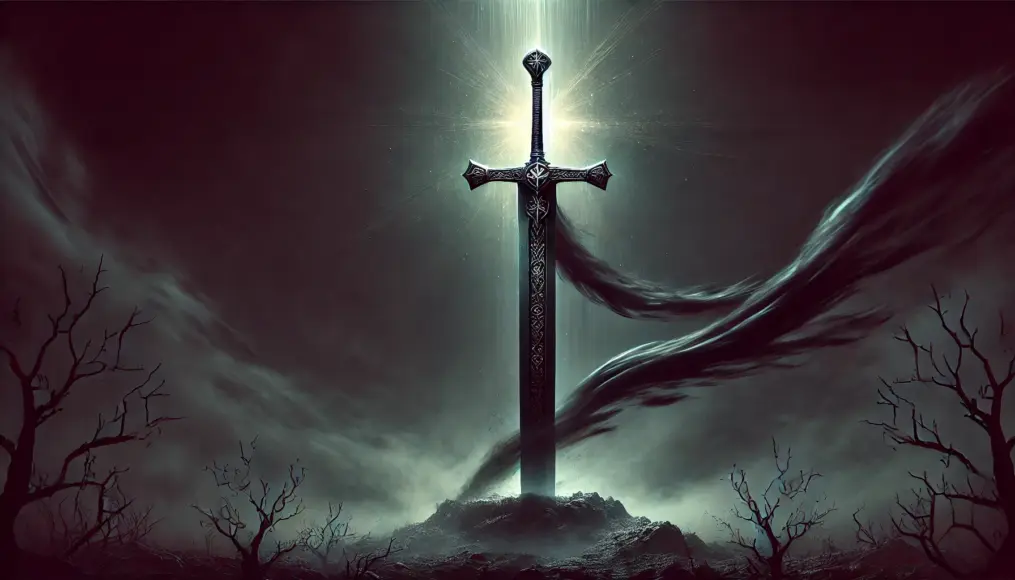 The cursed holy sword emitting a dark aura. Black mist rises from the blade, withered land surrounding it. The wielder's face shows a look of torment