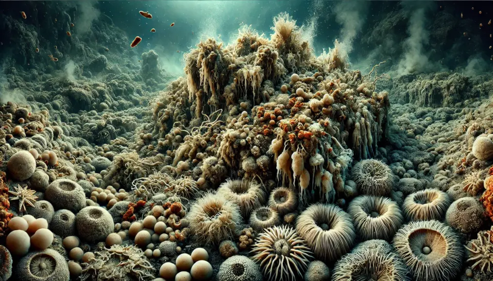 Colonies of microbes thriving around hydrothermal vents in deep-sea environments, showcasing the adaptability of extreme life.