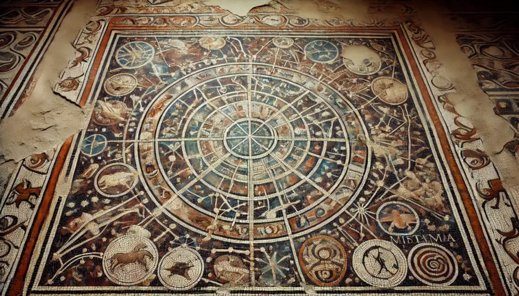 A mosaic pattern resembling a star chart, possibly linked to mythology or celestial observations