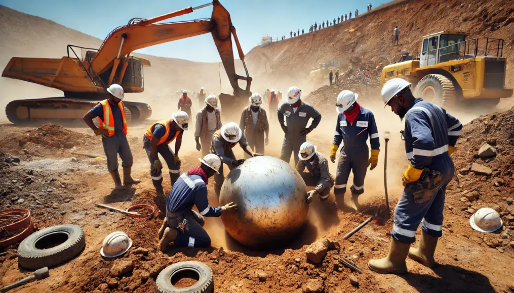 Workers at a South African mining site uncovering a metallic sphere embedded deep in rock layers