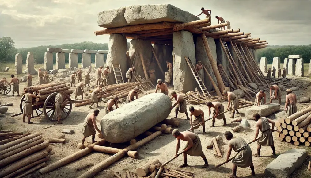 A reconstruction of dolmen construction. Dozens of workers are using logs to move a massive stone. In the background, an unfinished dolmen stands with neatly arranged stones awaiting placement