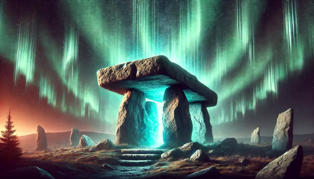 A massive dolmen surrounded by glowing energy streams. In the background, an aurora-like field of light swirls above the structure, hinting at the possibility that ancient civilizations harnessed Earth's natural forces