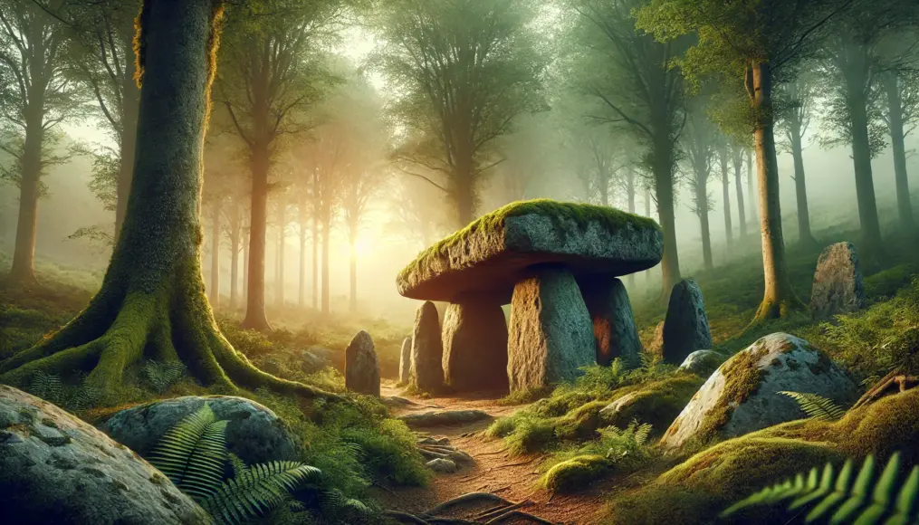 An ancient dolmen standing quietly in a dense forest. The surrounding trees grow thick, moss covers the massive stones, and sunlight filters through the morning mist, symbolizing a connection between past and future