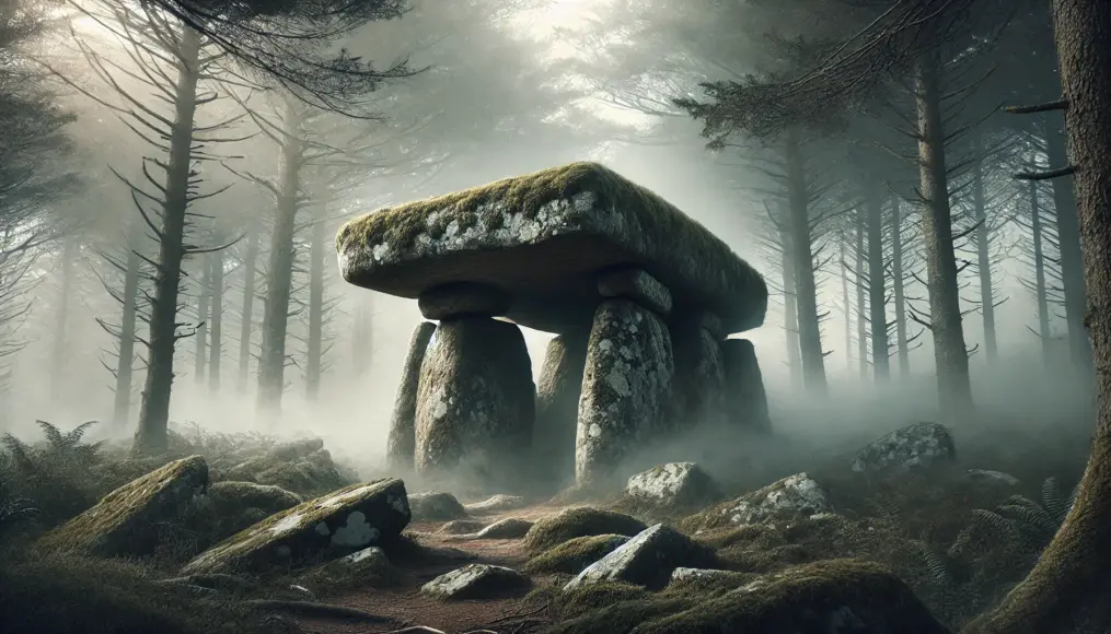 A dolmen deep within the forests of Brittany, France. Moss-covered massive stones rest atop one another, surrounded by mist. In the distance, a faint outline of a structure resembling an ancient temple emerges through the fog