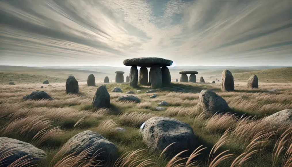 A vast grassland dotted with multiple dolmens. Massive stones support large capstones, surrounded by dense low vegetation. The sky is covered with thin clouds, creating a mysterious atmosphere