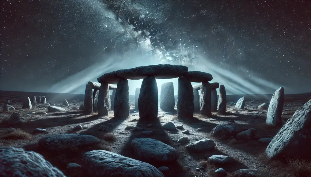 Dolmens arranged in a nighttime landscape. Moonlight shines through the stones, highlighting their precise alignment. A vast starry sky fills the background, reinforcing their possible astronomical function