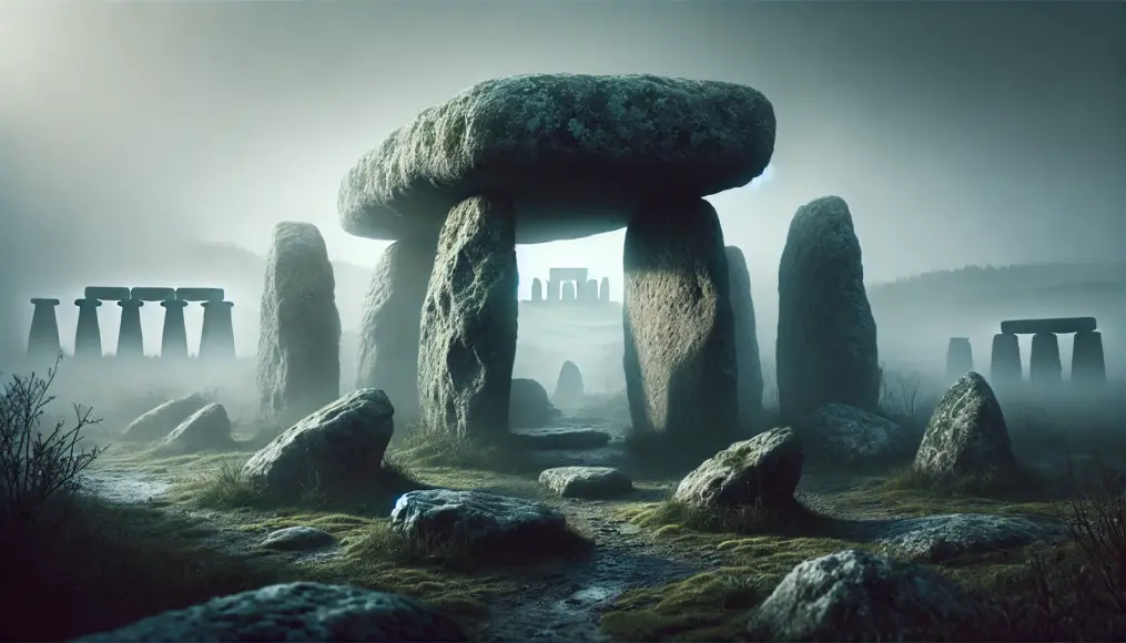 A group of ancient dolmens shrouded in mist. In the distance, faint outlines of other ruins emerge. The stone surfaces show signs of erosion and faint carvings, hinting at the deep history they hold