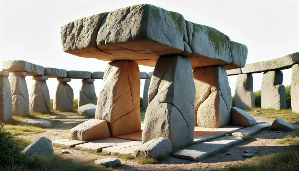 A precisely cut dolmen stone. The surface is smooth and the stone joints fit perfectly with almost no gaps. In the background, a ruined dolmen suggests the passage of time