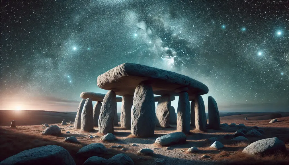 A group of dolmens under a starry sky. The stones are aligned in a specific direction, possibly for astronomical observation. Bright stars fill the background, creating a mysterious atmosphere