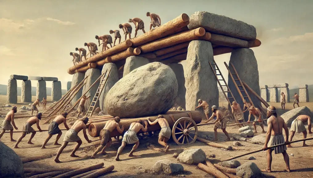 Ancient workers rolling massive stones using logs. Several people are pushing a stone while others place new logs underneath. In the background, a dolmen under construction can be seen