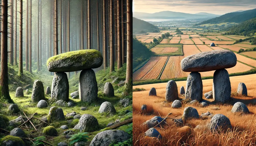 Comparison of dolmens worldwide. On the left, a dolmen in a French forest; in the center, a dolmen in the rolling hills of Korea; on the right, a dolmen standing in a Japanese rural landscape