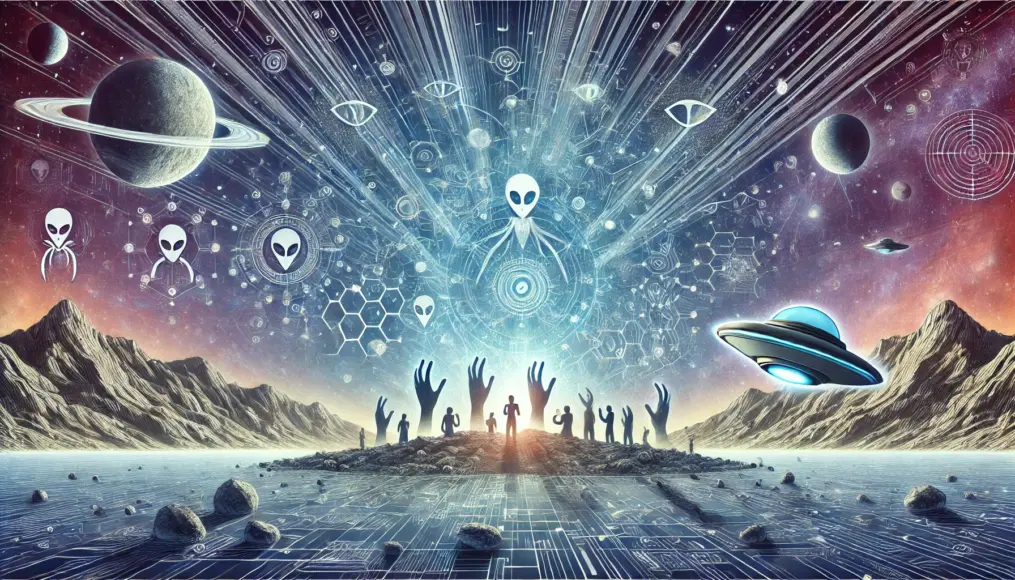 An image depicting the possibility of coexistence with extraterrestrials as suggested by the Dropa Stones. A vision of future interactions between aliens and humanity.