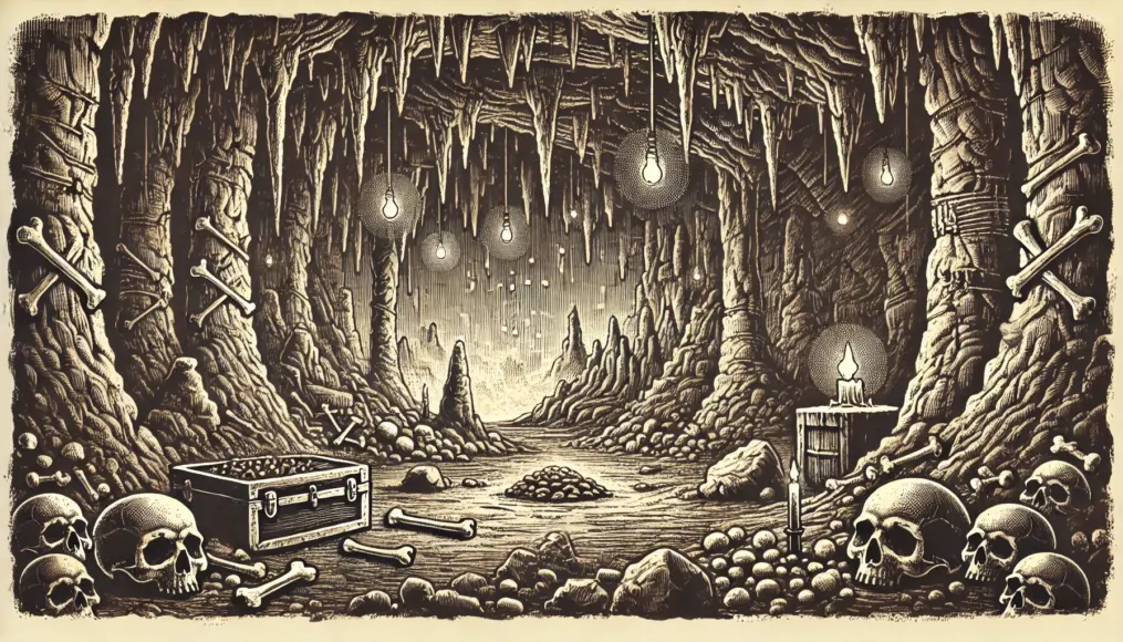 Illustration of the cave where the Dropa Stones were discovered. Depicting the mysterious environment filled with bones and stones.