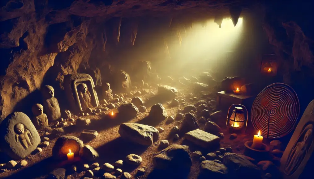 Recreation of the scene during the discovery of the Dropa Stones. Showing the mysterious atmosphere of the cave and the conditions of the artifacts.