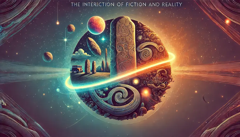 An image symbolizing the intersection of fiction and reality. Depicting the future possibilities inspired by the Dropa Stones.