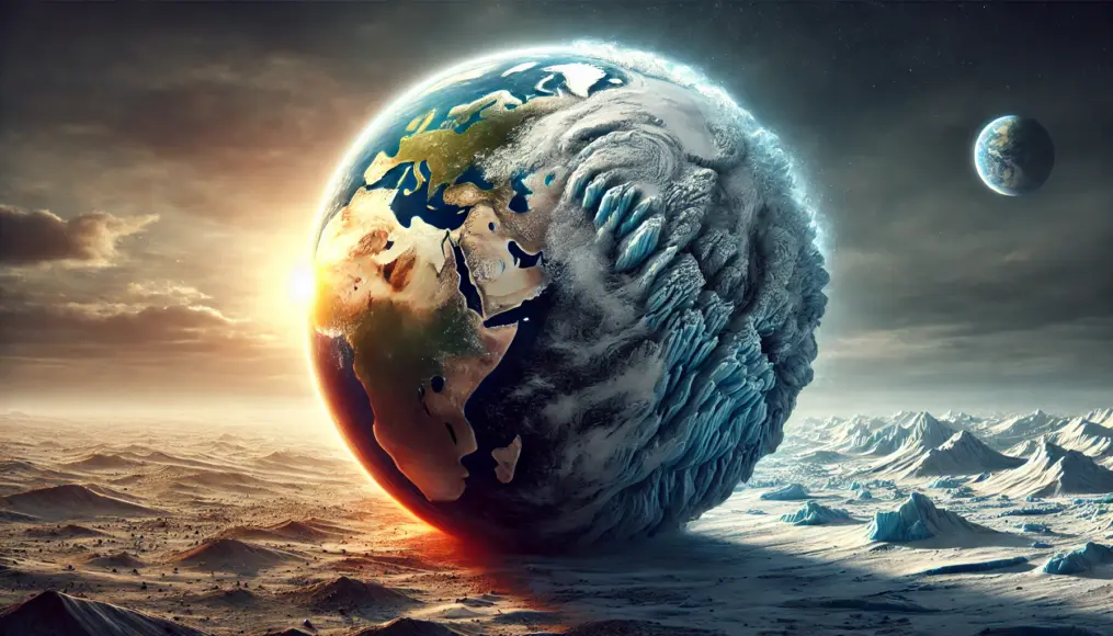 An image illustrating the environmental changes caused by a slight tilt in Earth's axis. One side is covered in glaciers, while the other has turned into a desert. The curvature of the Earth is exaggerated to emphasize the global impact of the shift.