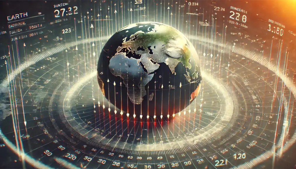 An image illustrating the ongoing subtle changes in Earth's axis. The world map displays arrows indicating shifts in tilt and data points showing how Earth's balance is gradually changing.