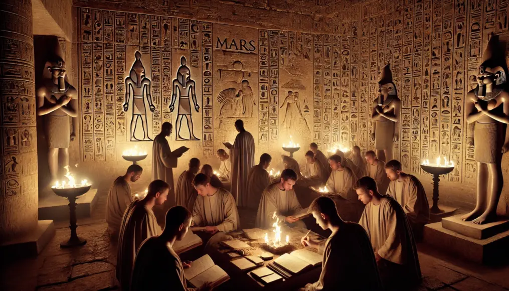 Scholars examining wall carvings in an Egyptian temple, showing symbols associated with Mars