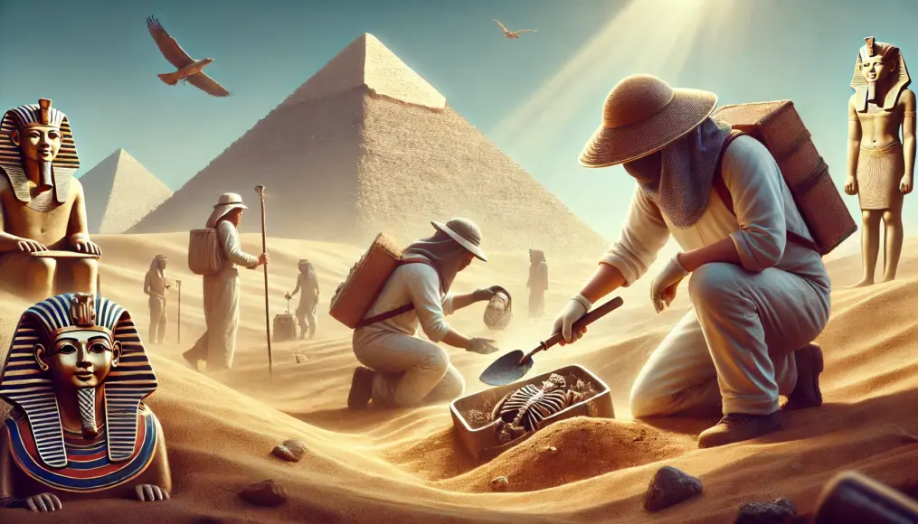 Archaeologists conducting excavation work in the Egyptian desert, carefully unearthing metal fragments. In the background, pyramids and ancient tombs can be seen.