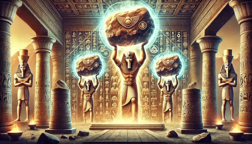 A wall painting depicting Egyptian gods lifting massive stones with divine energy