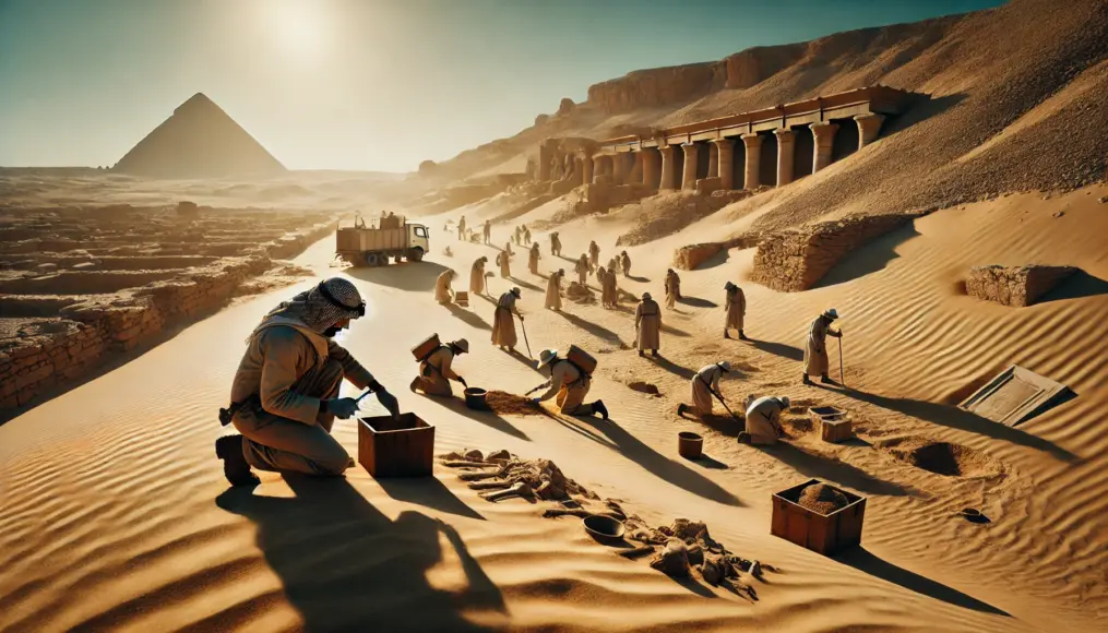 Archaeologists conducting excavations in the Egyptian desert