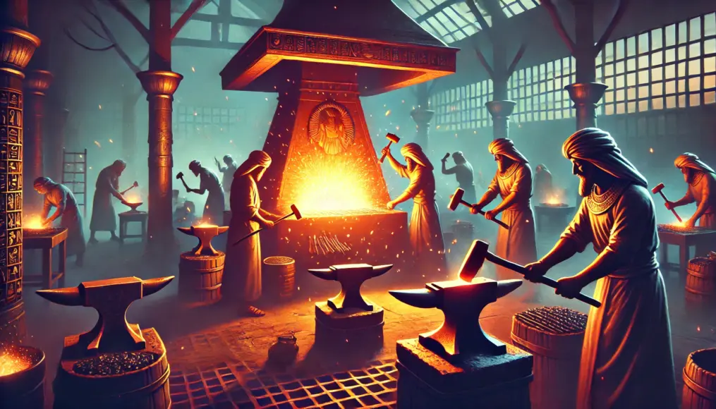 Ancient Egyptian blacksmiths working in a forge, striking metal with hammers as sparks fly.