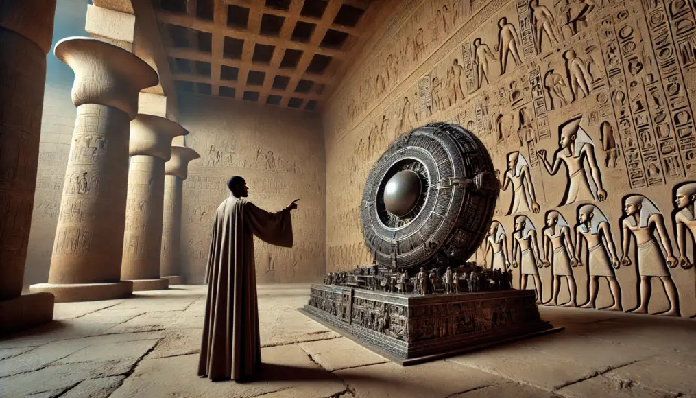 Inside an Egyptian temple, a priest gazes at an ancient metal fragment while pointing toward the sky. Mysterious carvings on the walls hint at possible extraterrestrial connections.