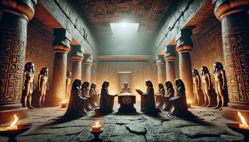 In an ancient Egyptian temple, priests conduct a ritual while holding a mysterious metal object. The starry sky in the background hints at a cosmic connection.