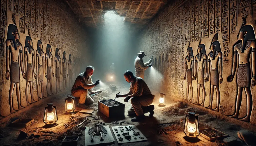 Archaeologists meticulously documenting artifacts inside a tomb