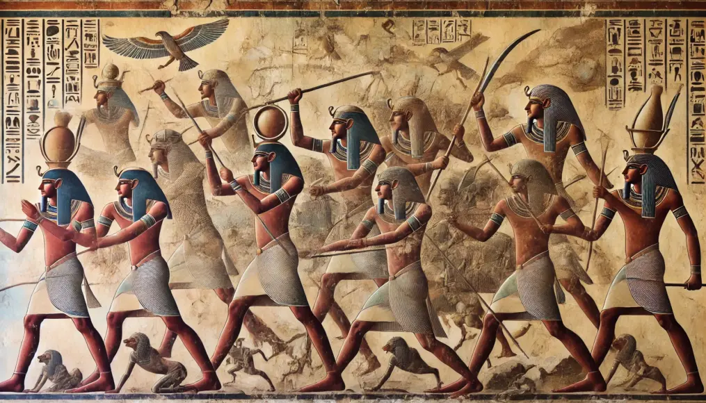 Murals depicting ancient Egyptian warriors wielding metal weapons in battle