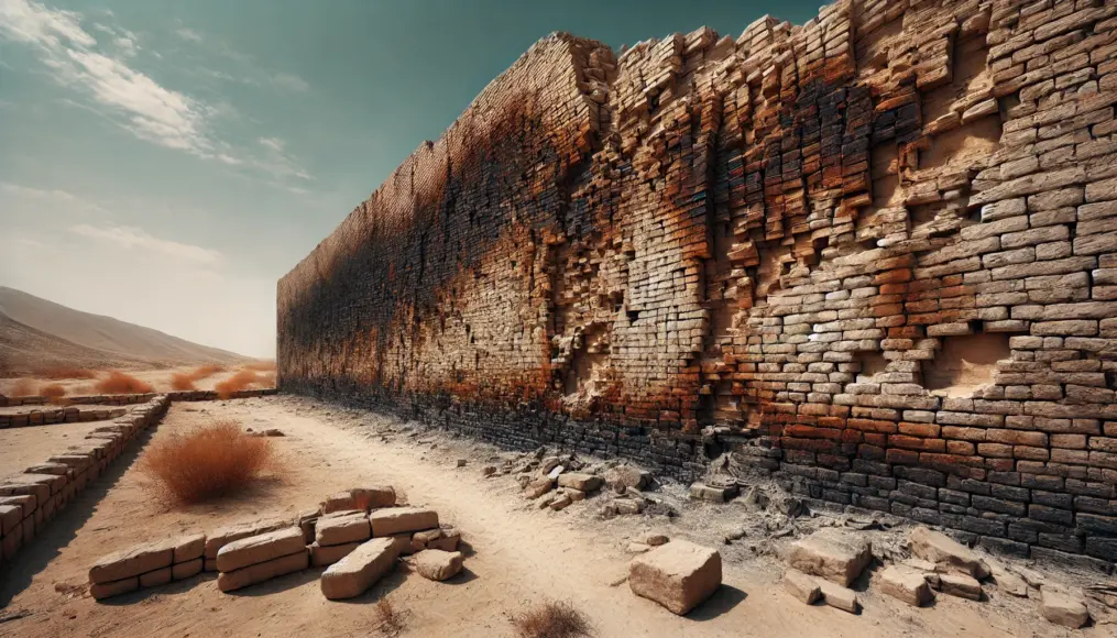 Wall made of ancient bricks showing scorch marks from extreme heat