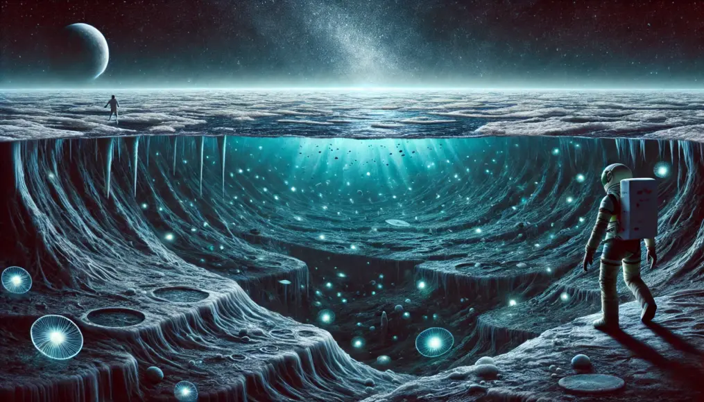 An artistic depiction of Europa’s subsurface ocean, possibly harboring microbial or unknown life forms.