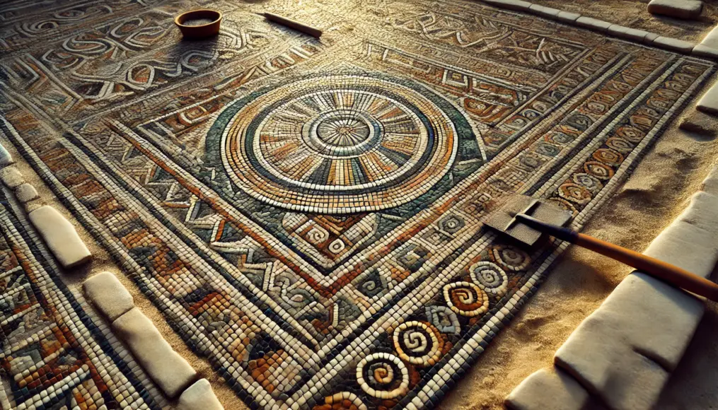 A carefully excavated Roman-era mosaic at an archaeological site, showcasing vibrant tiles