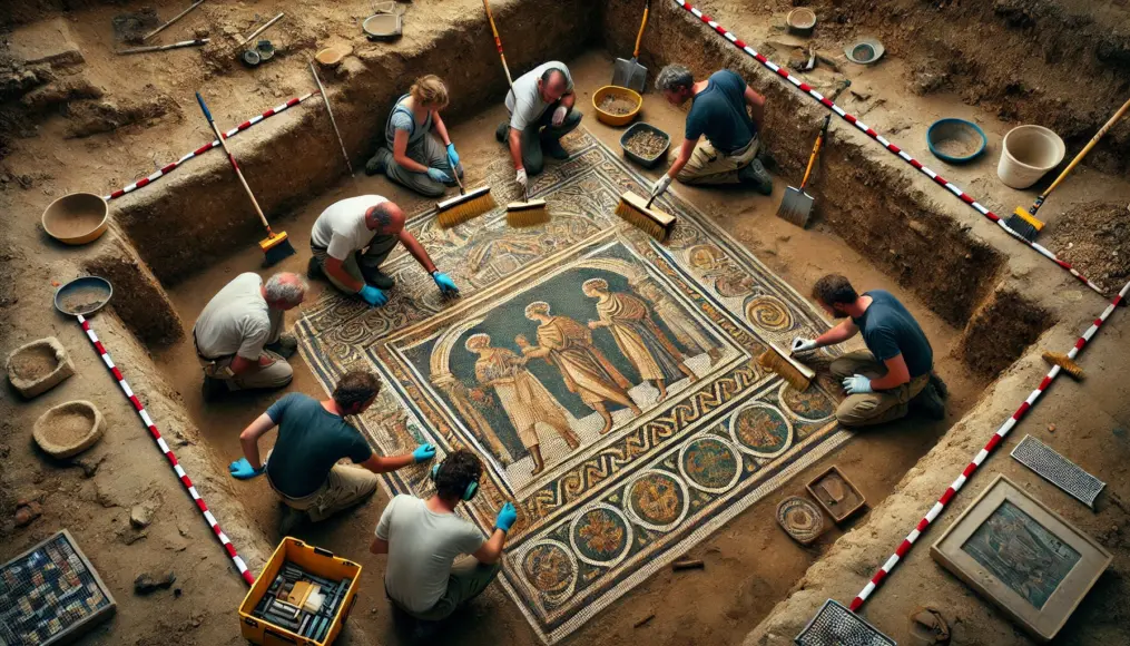 Archaeologists carefully excavating a mosaic at an ancient site