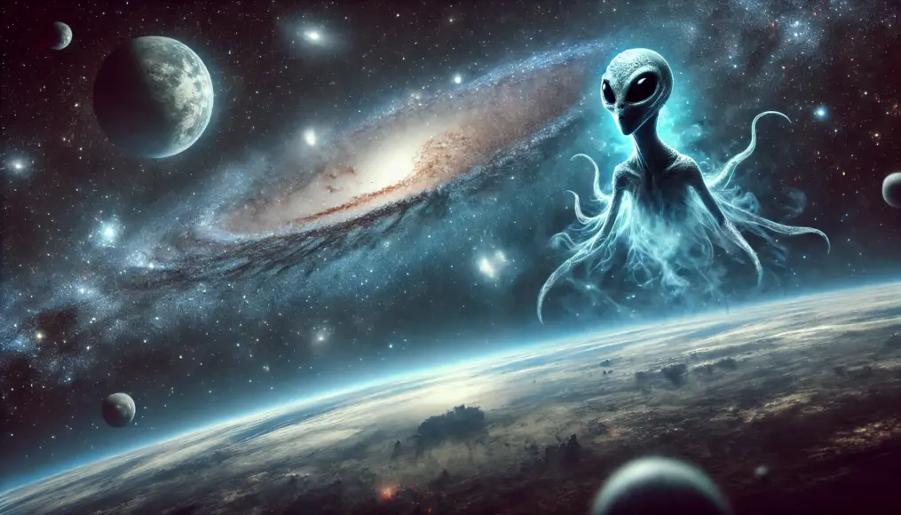 A visualization of an unknown life form floating in space, adapted to extreme conditions. The scene suggests the possibility of extraterrestrial organisms.