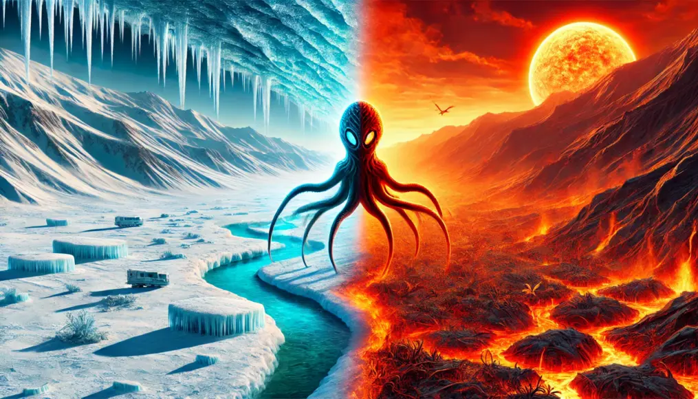 A conceptual depiction of an organism adapted to extreme temperature variations in space, showing both freezing and high-temperature survival traits.