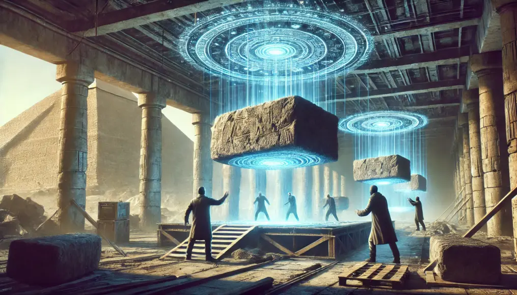 An artistic depiction of ancient floating stone technology, showing massive rocks mysteriously suspended in the air