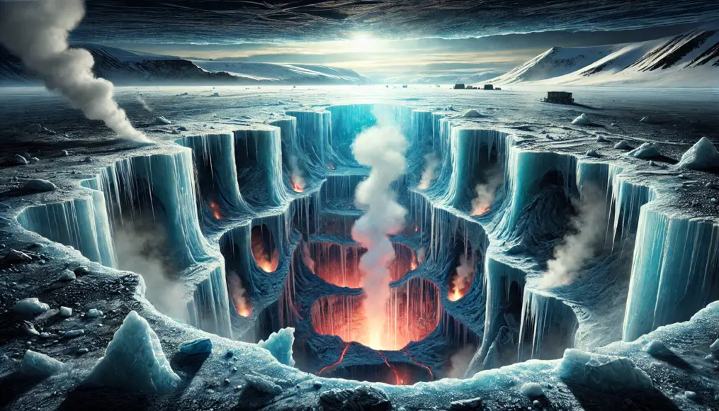 A scientific depiction of how the cavity beneath the Antarctic ice formed. Geothermal heat and shifting ice pressure play a role in its development