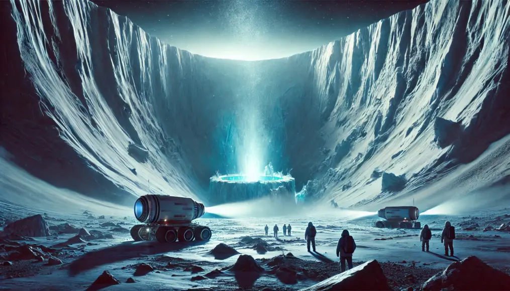 A vision of Antarctica’s future exploration revealing a hidden chamber. A massive ice wall fissure glows faintly, while an exploration probe illuminates an unknown structure deep within. Scientists observe in awe, realizing they may be on the verge of a groundbreaking discovery