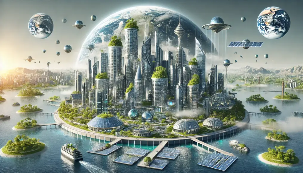 An image illustrating a future society adapting to Earth's axial shifts. The scene includes climate-resistant urban designs, advanced environmental protection technology, and sustainable energy solutions.