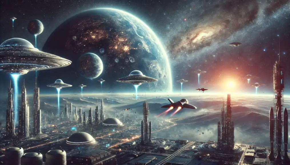 A futuristic human civilization thriving in space, symbolizing the dawn of a new cosmic age