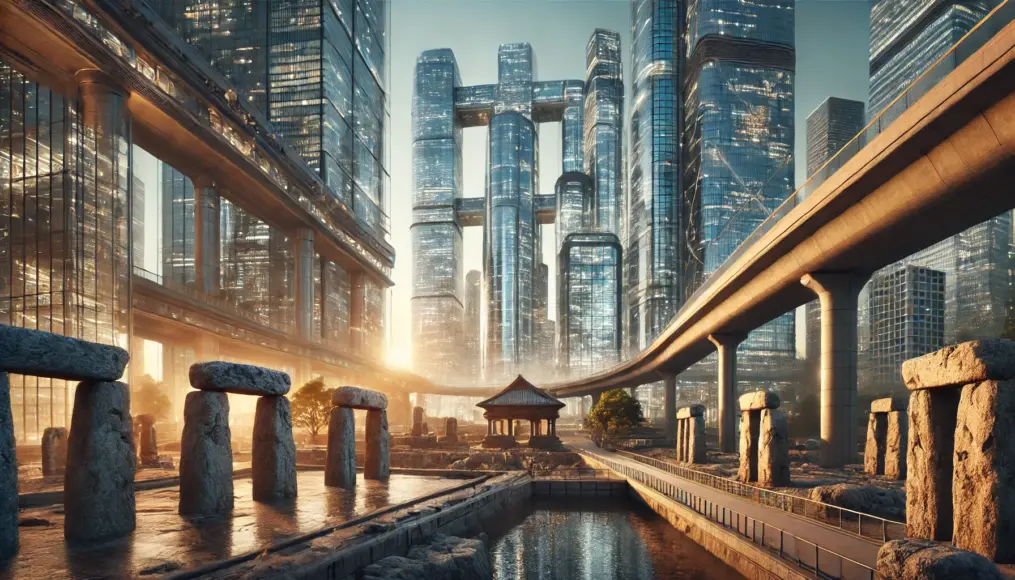 A futuristic cityscape where ancient building techniques are integrated with ultra-modern skyscrapers, symbolizing a fusion of past and future architecture