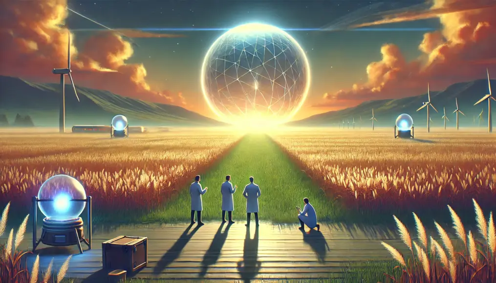 Scientists gathered in a vast grassland, discussing the future potential of metallic spheres. In the distance, a glowing sphere hints at unknown possibilities