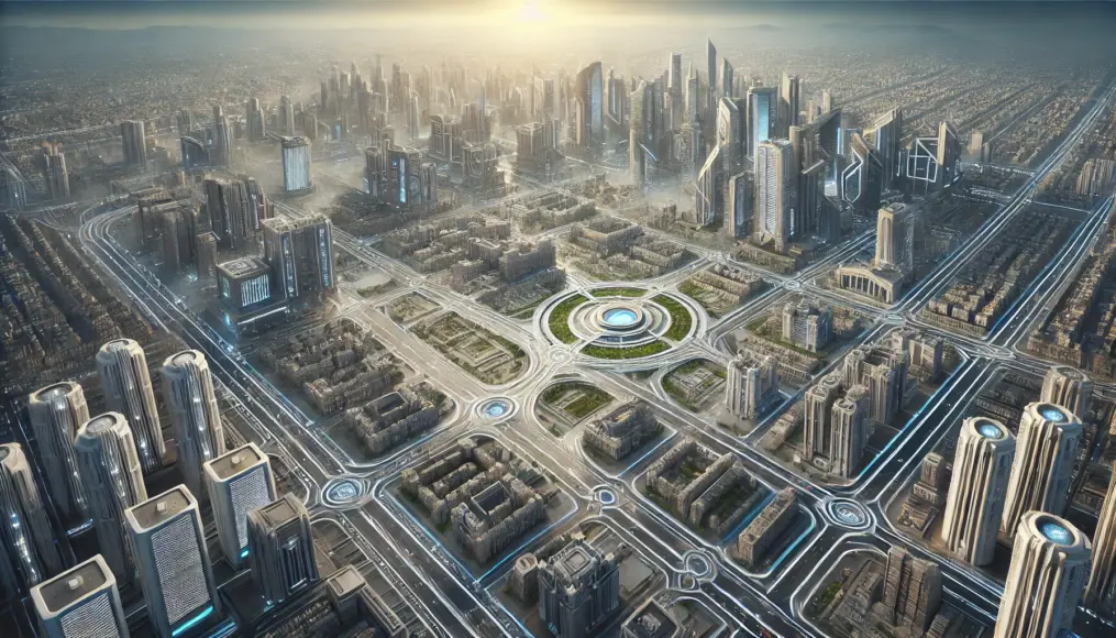 A futuristic city skyline. Inspired by Roman urban planning, the city blends structured roadways with cutting-edge architecture, creating a vision of the future