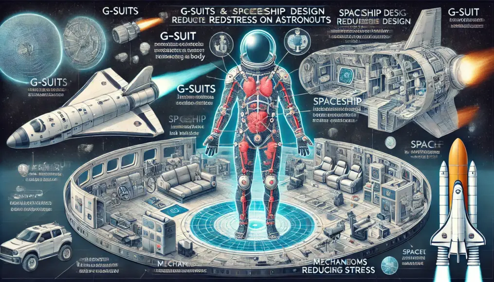 Gスーツと宇宙船の設計が身体を保護する仕組みを示す図