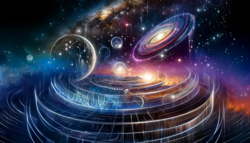 An illustration suggesting the connection between the traces discovered on the galactic edge and multidimensional spaces. Depicting the vast possibilities of multiple worlds within the universe.