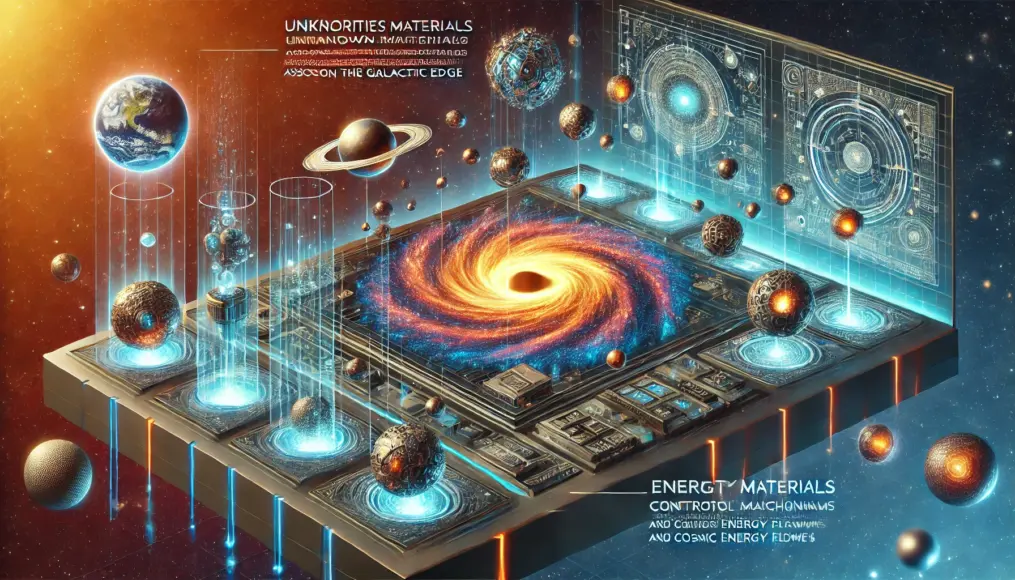 An image illustrating the properties of unknown materials associated with the traces on the galactic edge. Highlighting possibilities such as energy and gravity control mechanisms.